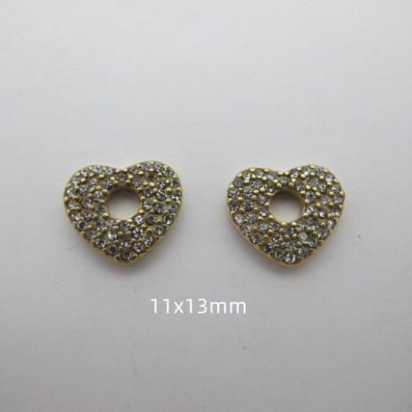 4 pcs Heart pendant with rhinestones in gold-plated stainless steel